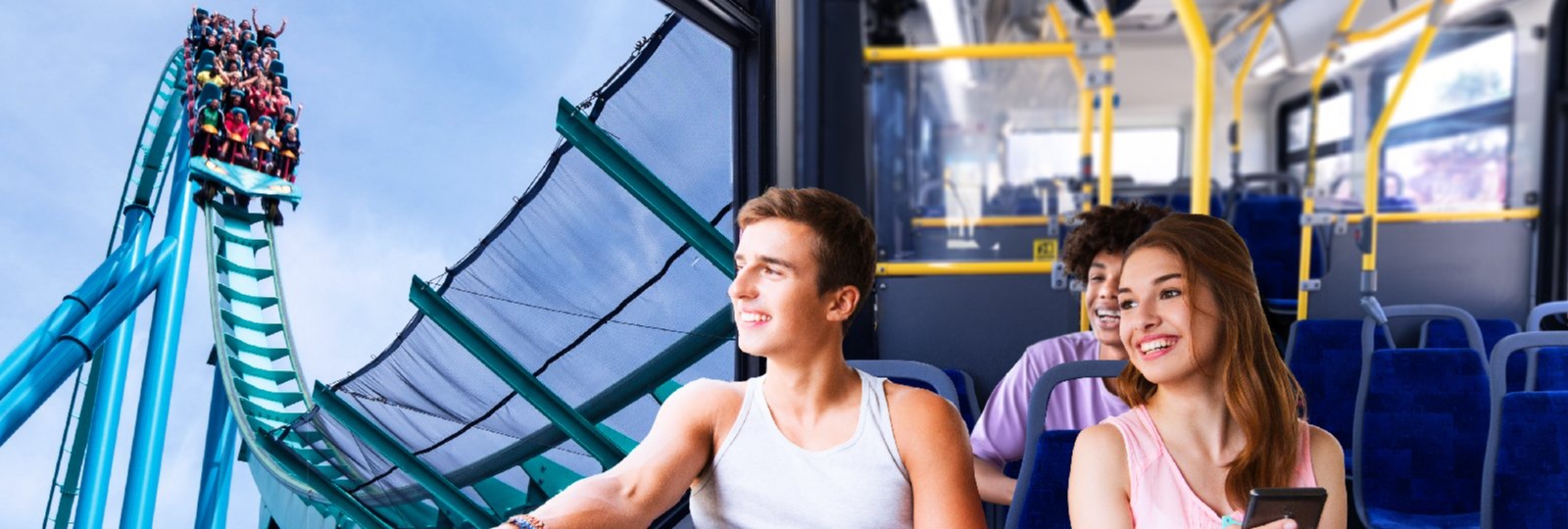 Transit riders in a bus looking out the window at a rollercoaster
